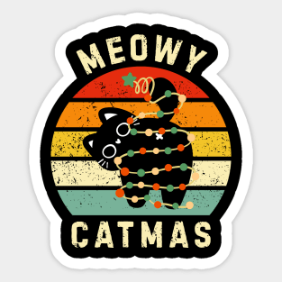 Retro Meowy Catmas - Christmas Cat with Lights Sticker